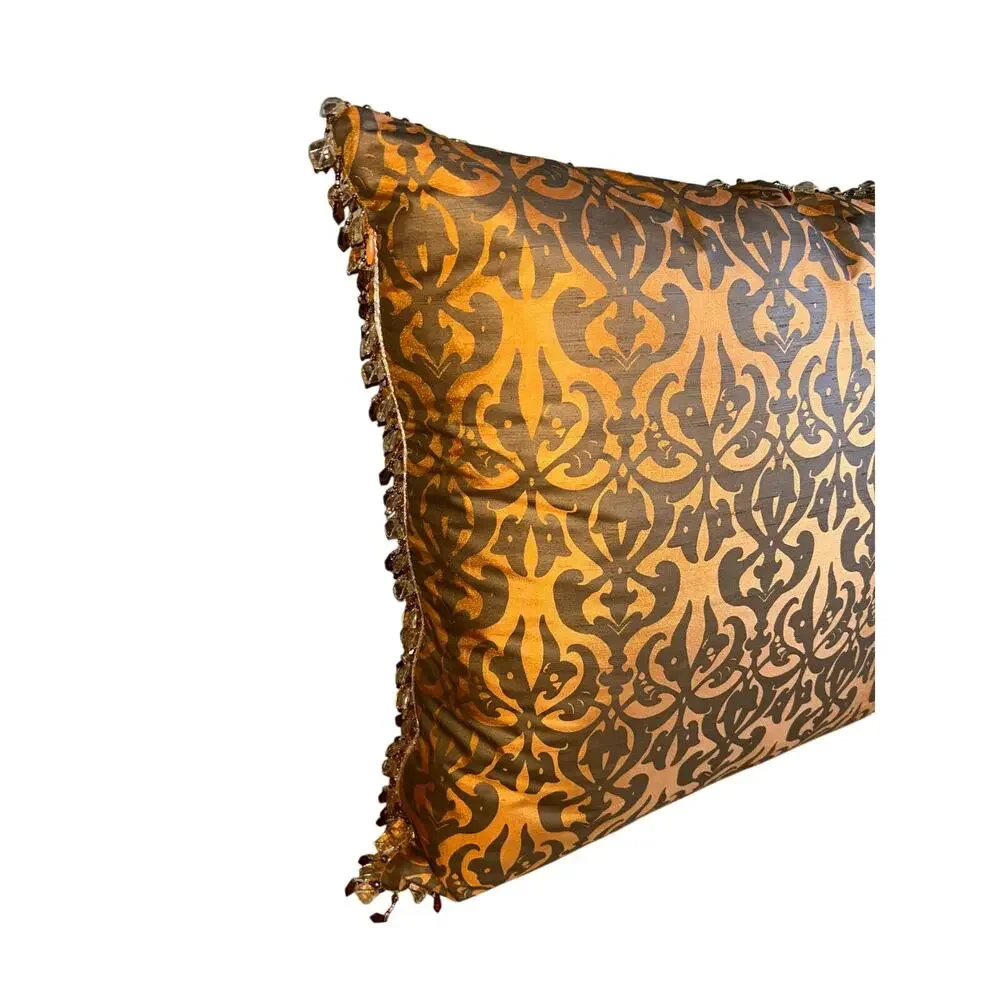 Bronze and gray silk jacquard throw pillow trellis pattern and beaded edge trim